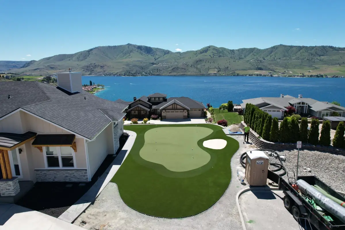 Synthetic Turf Putting Green with Fringe and Sand Trap overlooking Lake Chelan.