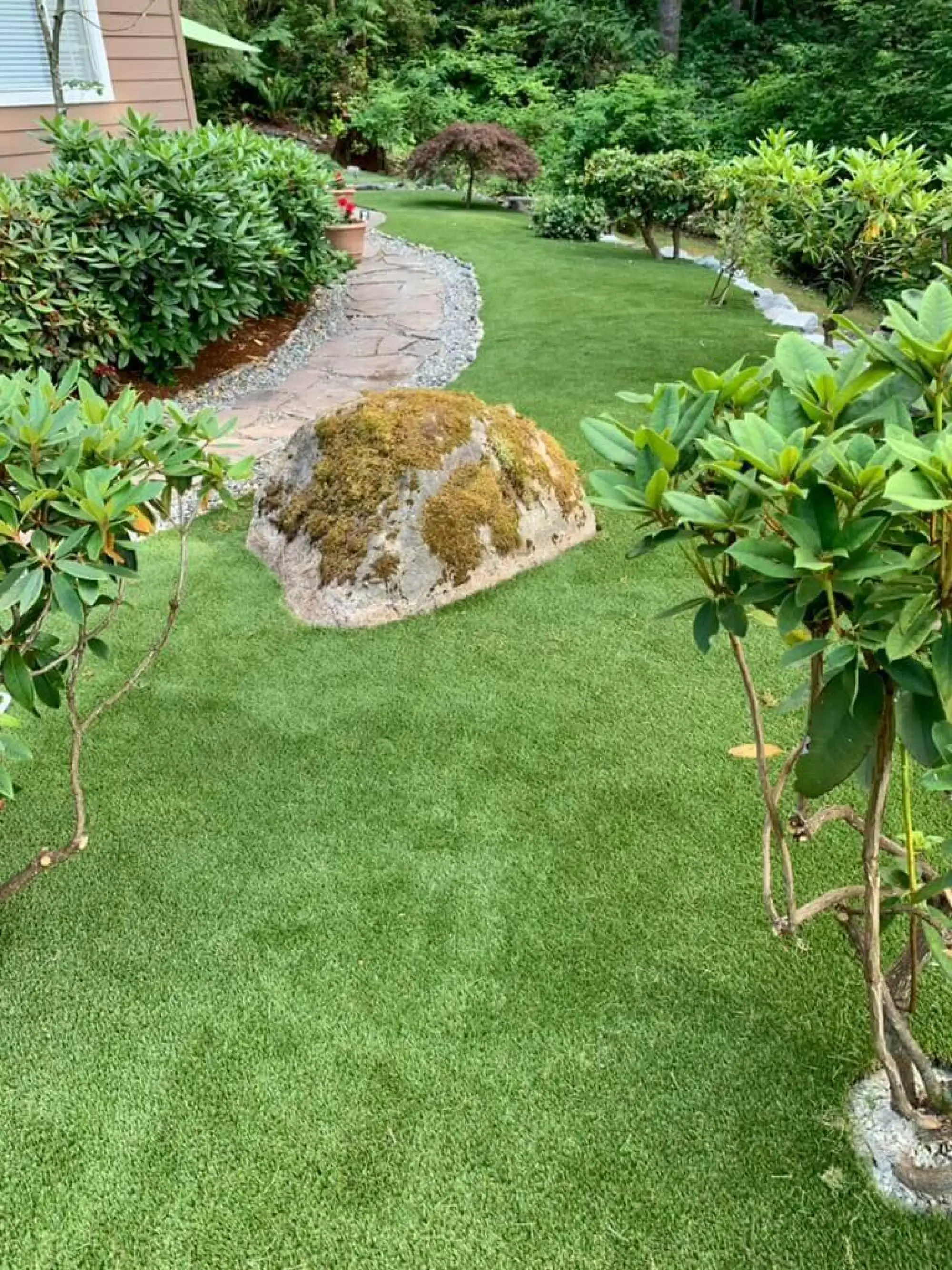 Fake Grass installed around natural landscape in Gig Harbor, WA.